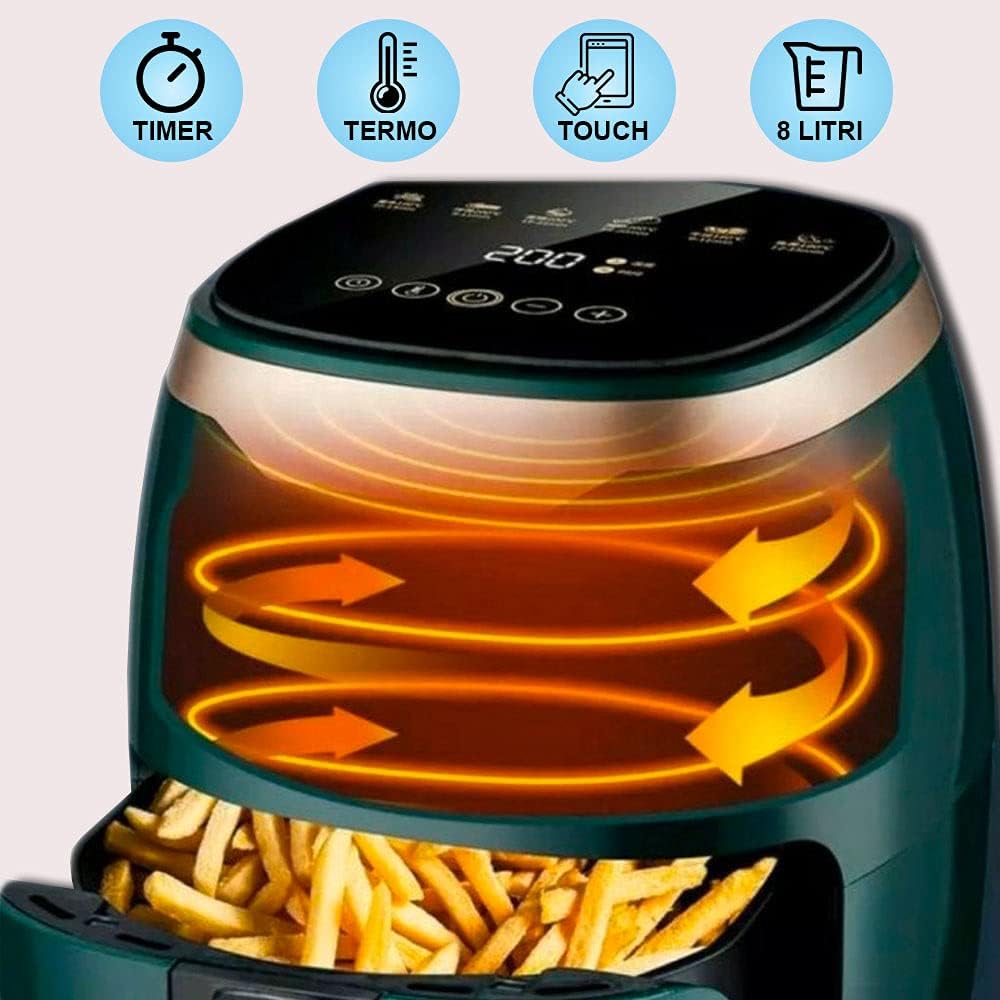 AMC Friggitrice ad aria calda elettrica da 8 Litri, Friggitrice aria Senza Olio con Touch Screen LCD, fornetto elettrico da 1500W con 6 metodi di cottura, Cestino Staccabile, Senza BPA,8L,1500 W