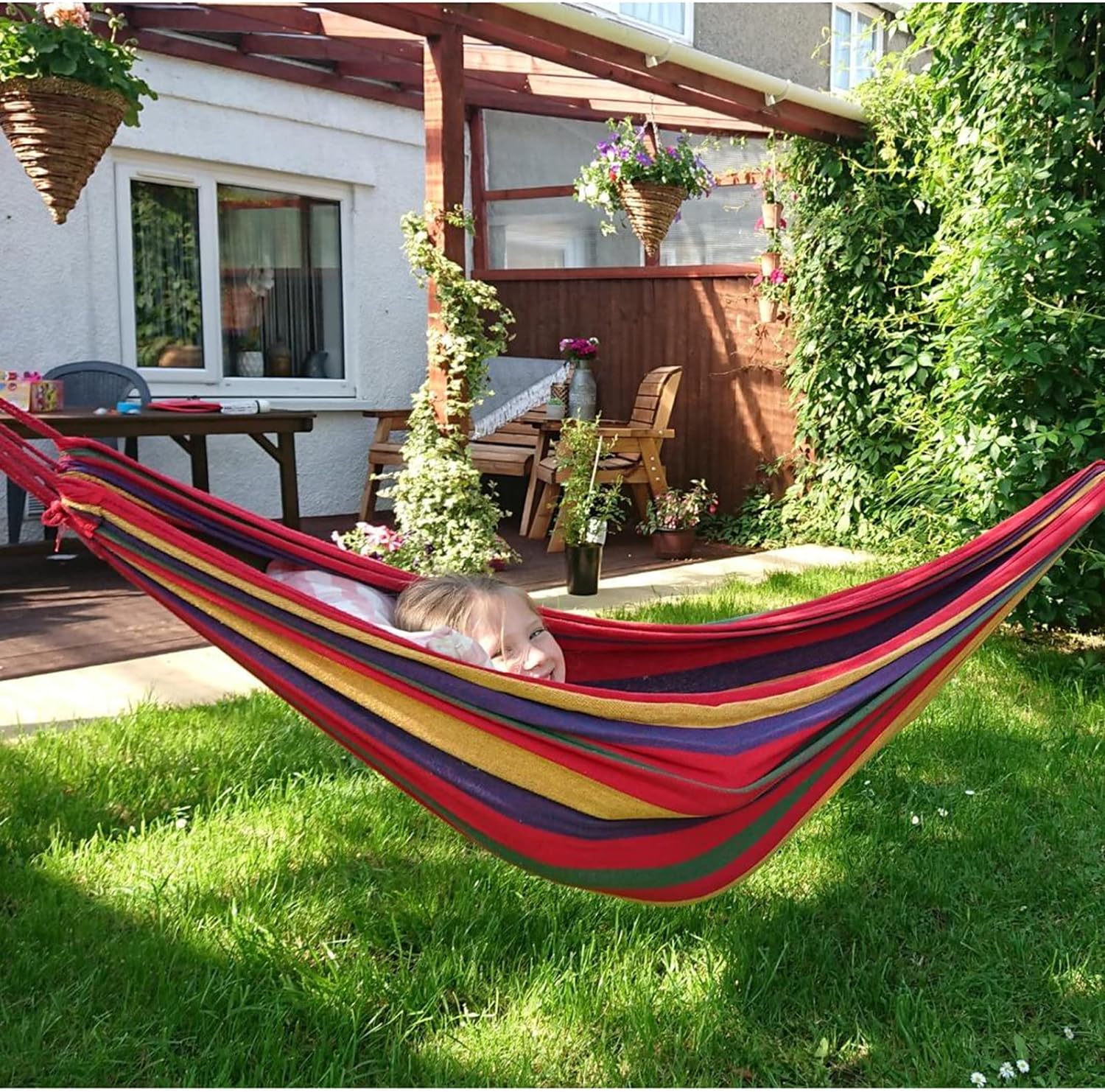 Amaca da Giardino in Cotone Tessuto Comodo con Cinghie Rispettose degli Alberi per Appendere, Durevole Amaca Portatile con Borsa da Viaggio per Campeggio, Esterno/Interno, Balcone, Patio